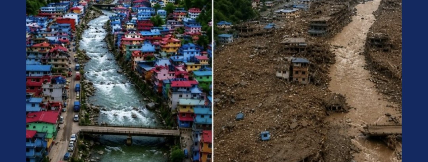 Vorher-Nachher-Vergleich eines Ortes in Nepal vor und nach der schweren Flutkatastrophe 2026.