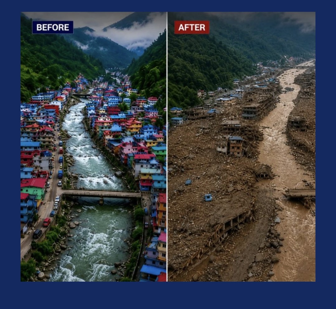 Vorher-Nachher-Vergleich eines Ortes in Nepal vor und nach der schweren Flutkatastrophe 2026.